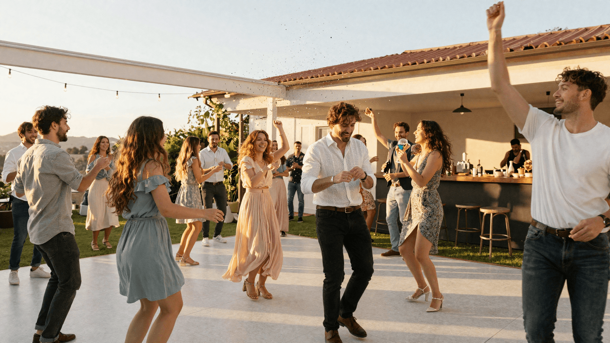 Recepción de matrimonio con invitados bailando bajo luces cálidas